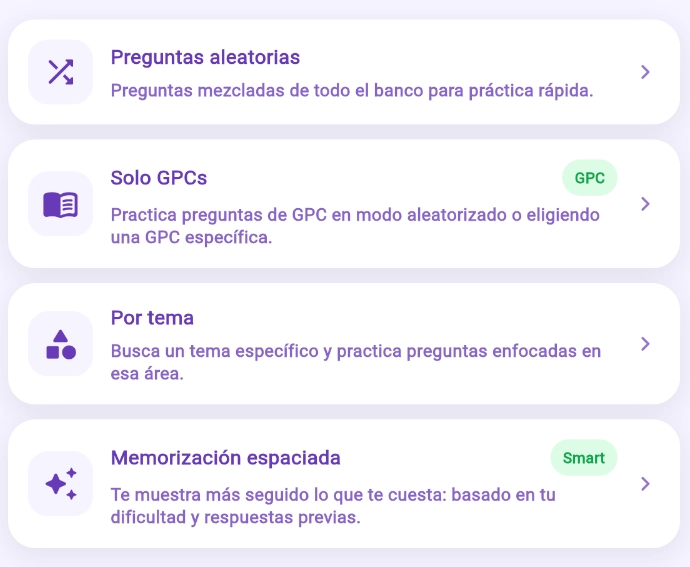 Selección de modos de estudio de ResidenQuest ENARM Prep