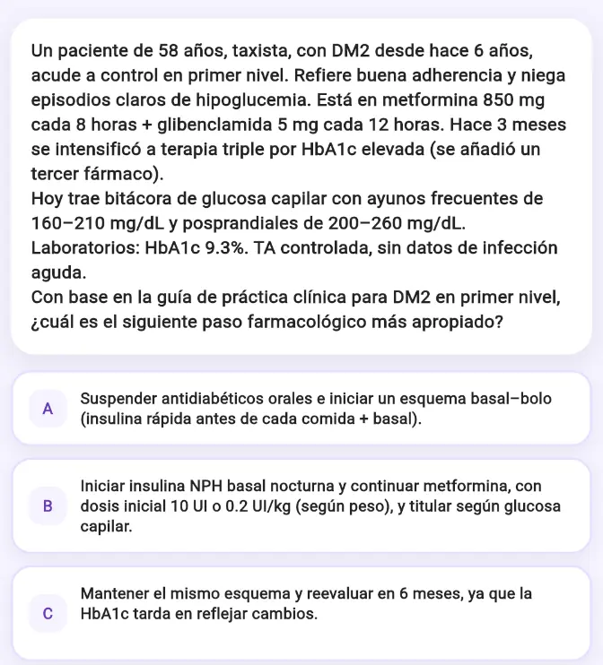Pantalla para resolver una pregunta clínica en ResidenQuest ENARM Prep
